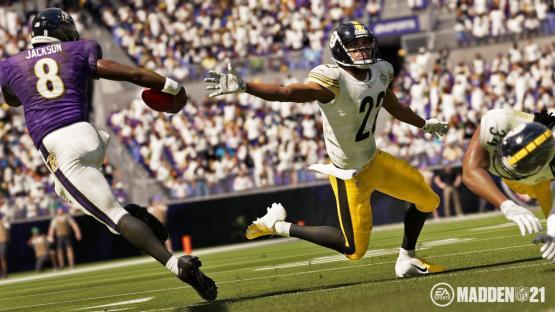 Madden NFL 21 gameplay screenshot showing a football player making a catch.
