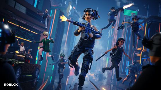 Illustration of a Roblox-style futuristic battle scene.