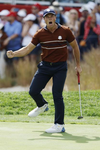 Viktor Hovland reacts after putting during the 2025 Ryder Cup.
