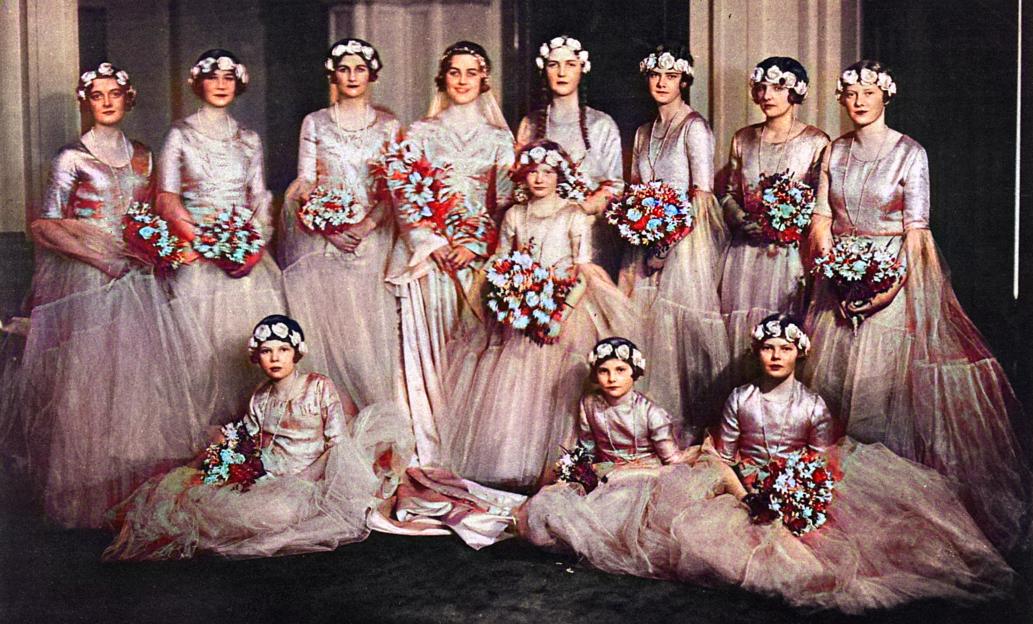 Group wedding photograph of Mrs. Bryan Guinness, formerly Miss Diana Freeman Mitford, with eleven bridesmaids.