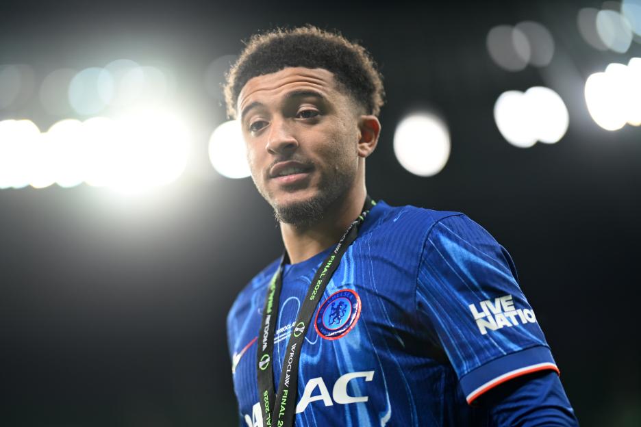 Jadon Sancho of Chelsea celebrates a UEFA Conference League victory.
