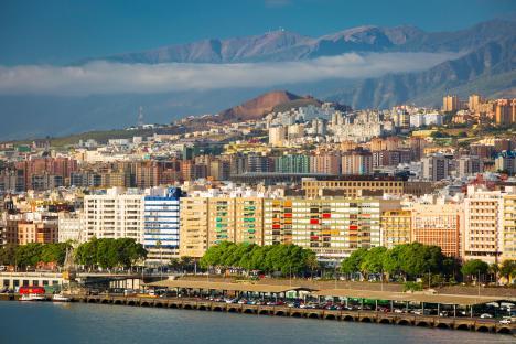 Santa Cruz de Tenerife, Canary Islands, with mountains in the background.