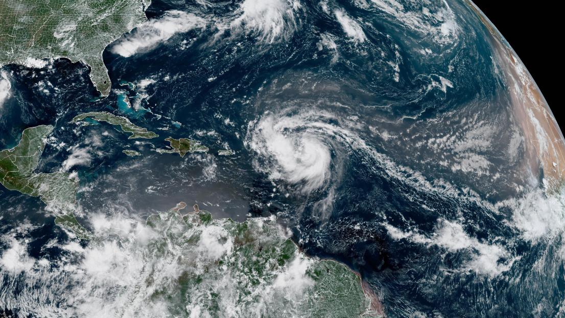 Satellite image of Hurricane Erin forming in the Atlantic Ocean.