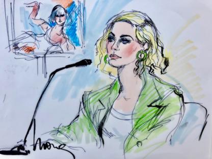 Courtroom sketch of Katy Perry at her copyright infringement trial.