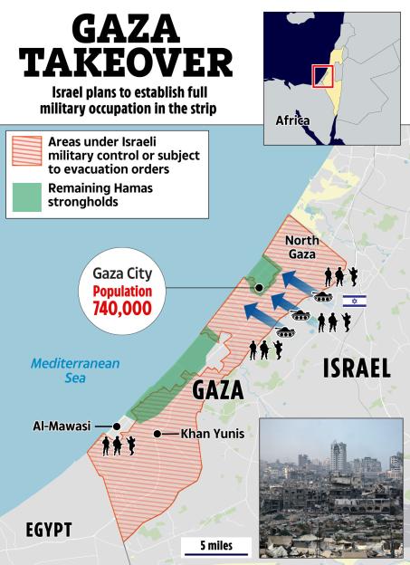 Illustration of Israel's planned takeover of Gaza, showing areas under Israeli control and remaining Hamas strongholds.