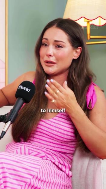 Louise Thompson crying during an interview.