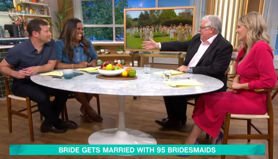 Four people sitting around a table discussing a bride who married with 95 bridesmaids.