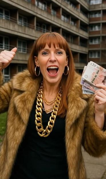 Woman in fur coat holding cash and giving thumbs up.