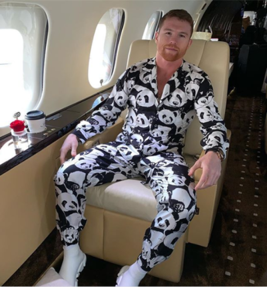 Man in panda-print pajamas sitting on a private jet.