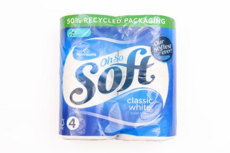 Four rolls of Morrisons Oh So Soft classic white toilet tissue.