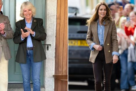 An image collage containing 2 images, Image 1 shows Prince Charles and Camilla, Duchess of Cornwall, applauding NHS workers, Image 2 shows Catherine, Princess of Wales, walking in Tobermory, Scotland