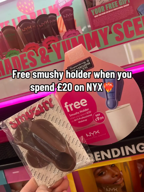 A Superdrug promotion offering a free "Smushy Holder" with a £20 spend on NYX Professional Makeup, showing the product in packaging and a display with other NYX items.