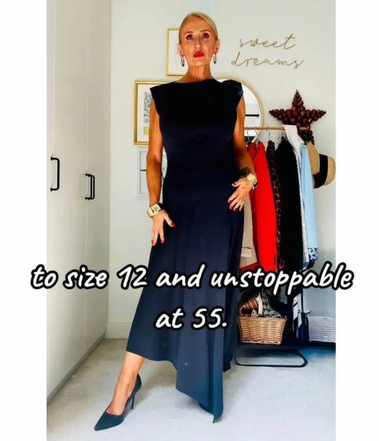 Woman in a black dress, from size 22 to size 12.