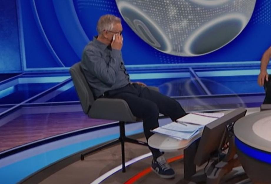 Gary Lineker crying after a tribute on his final Match of the Day appearance.