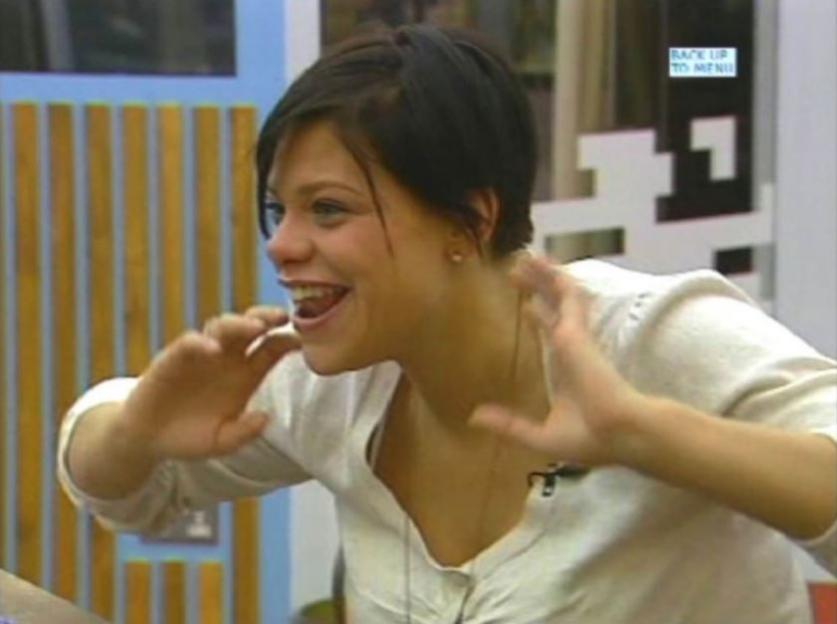 Jade Goody on Celebrity Big Brother, laughing and gesturing with her hands.