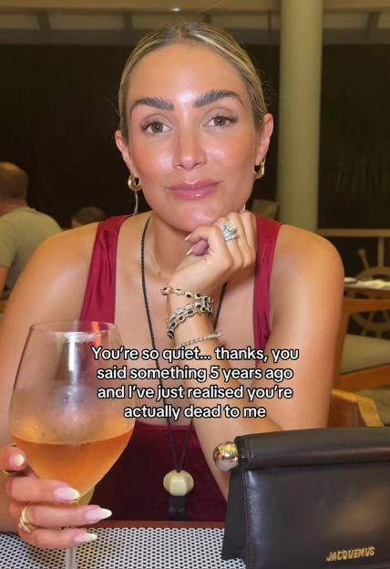 Frankie Bridge in a video, seated at a table, referencing a past interaction.