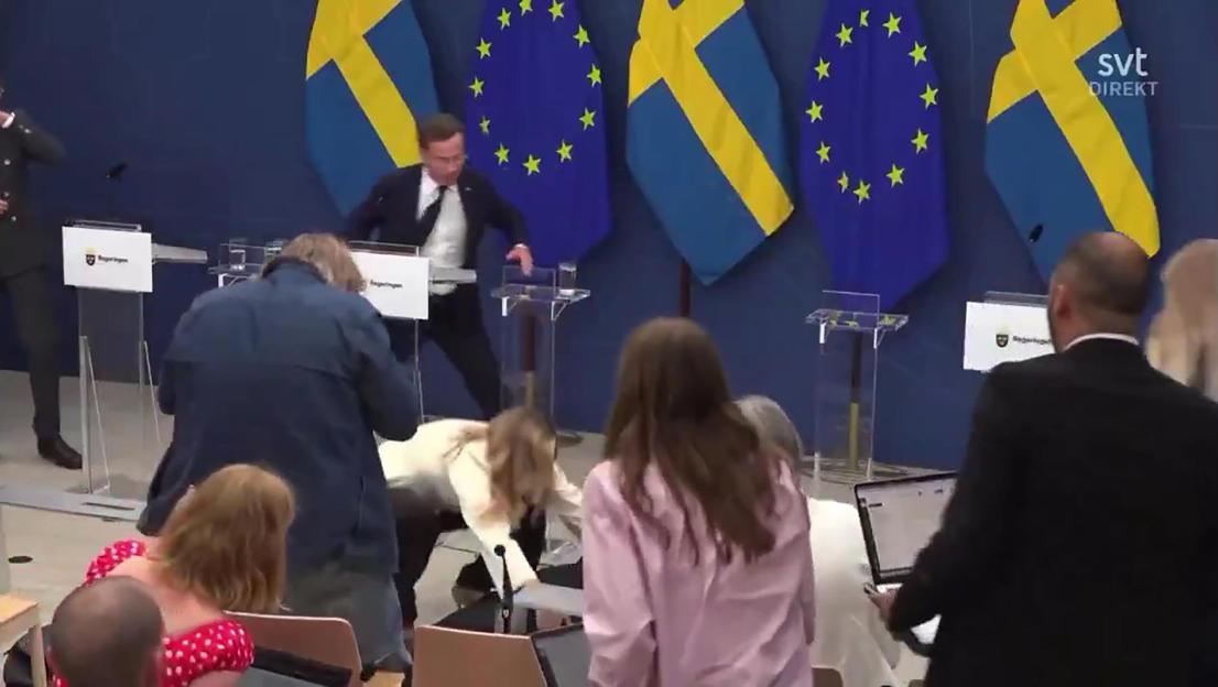 Swedish Health Minister Elisabet Lann collapsing at a press conference.