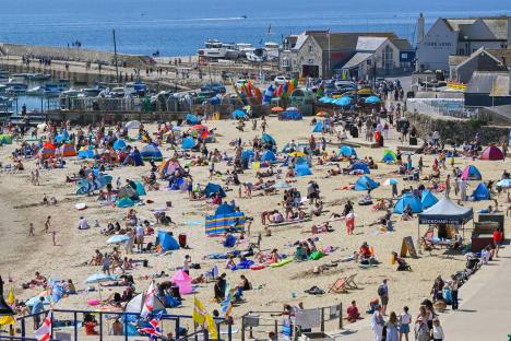 Crowded beach with sunbathers and beach umbrellas.
