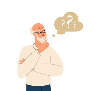 Illustration of a senior man with question marks above his head, representing dementia and memory loss.