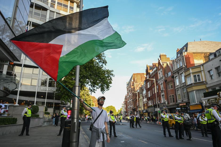 Pro-Palestinian demonstrators protesting outside the Israeli embassy in London.