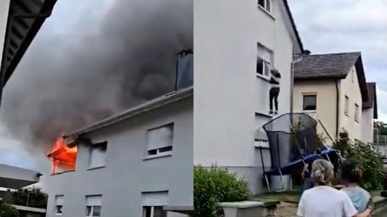 Dramatic moment man escapes burning home by jumping onto TRAMPOLINE in lucky escape