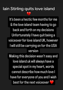 Iain Stirling's announcement that he's quitting as Love Island UK voiceover.