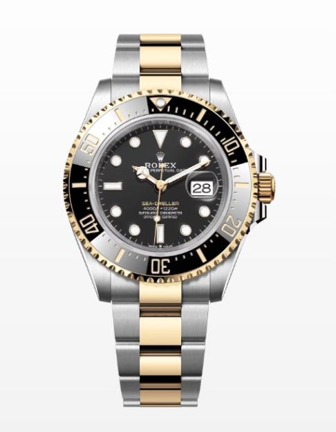 Rolex Sea-Dweller watch with black face and two-tone band.