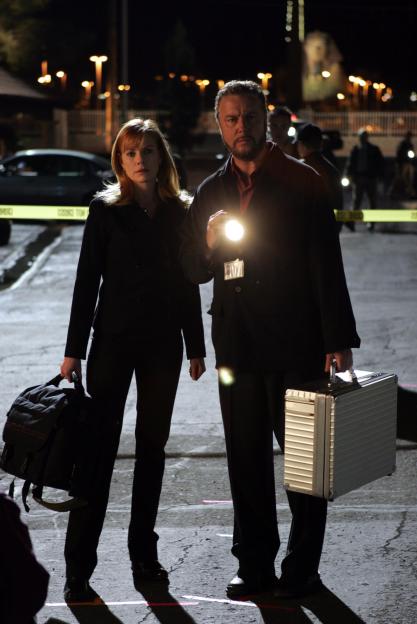 Actors Marg Helgenberger and William Petersen on the television program "CSI: Crime Scene Investigation."