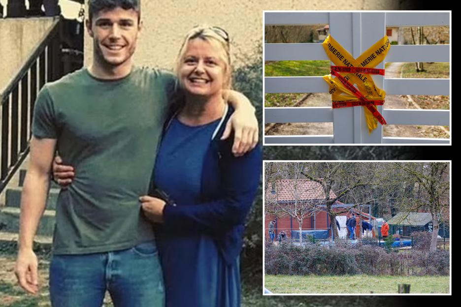 Collage of a photo of a man and woman, police tape across a gate, and a view of a house and people.