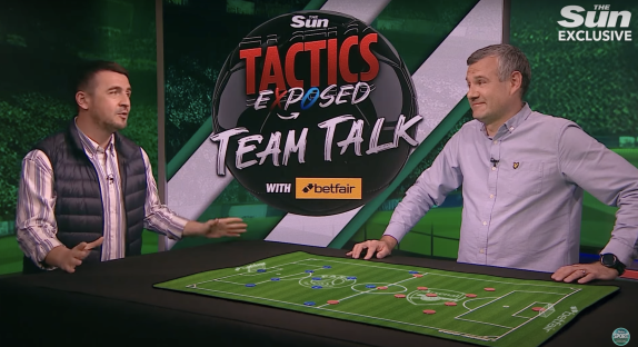 Screenshot of two men discussing soccer tactics on a televised show.