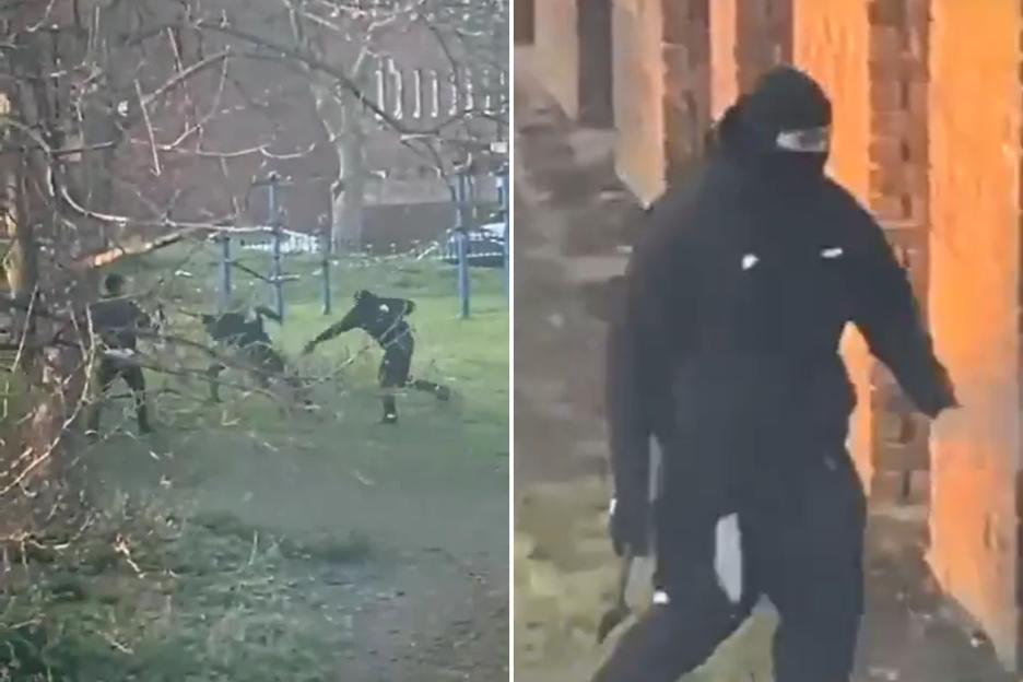 Shocking moment vile thugs armed with MACHETE and axe slash at boy in horrific attack – before calmly walking away