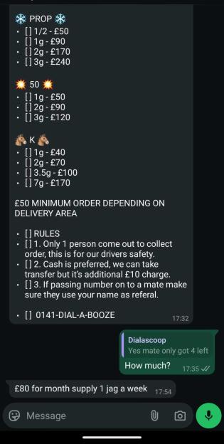 WhatsApp messages showing prices and rules for purchasing Ozempic.