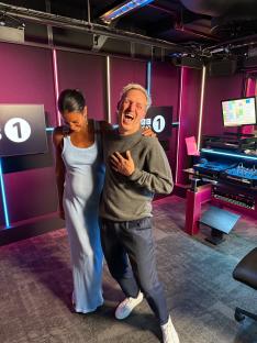 Pregnant Vick Hope and Jamie Laing in a BBC Radio 1 studio.