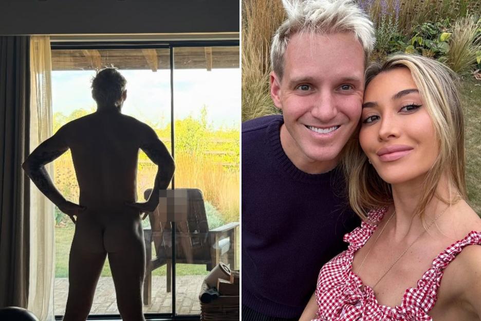 An image collage containing 2 images, Image 1 shows Silhouette of a nude man standing before a patio door, Image 2 shows Jamie Laing and Sophie Habboo in a selfie