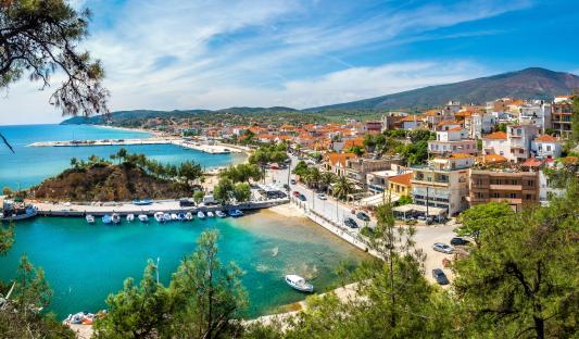 Limenaria harbor and town on Thassos island, Greece.