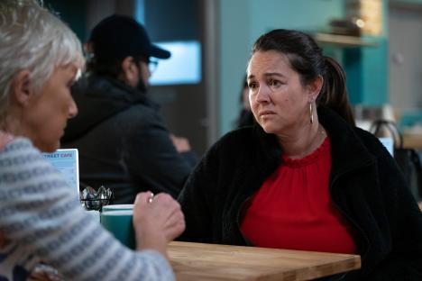 Stacey Slater and Jean Slater in a cafe.