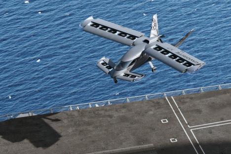 Illustration of the Cavorite X7 aircraft landing on a ship's deck.