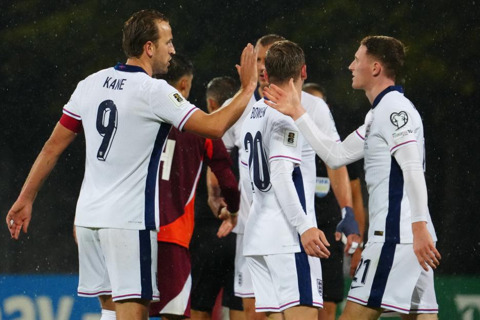 England players Harry Kane and Jarrod Bowen celebrating a 2026 World Cup qualifying match.