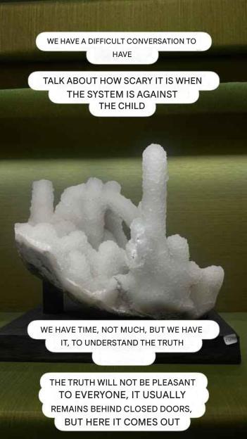 Image of a white mineral specimen with text overlay discussing a difficult conversation about a child and the system.