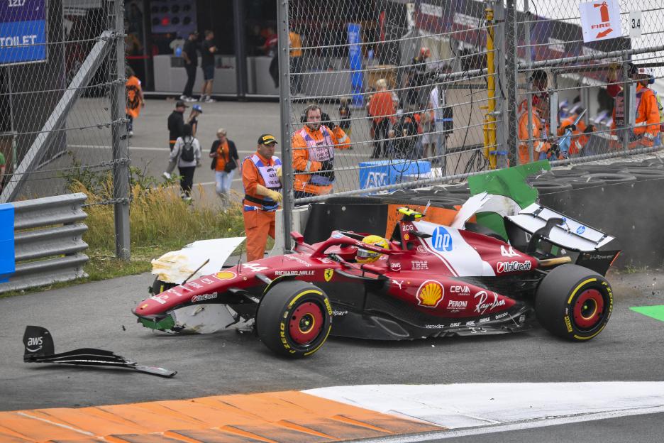 Damaged Formula One race car after a crash.
