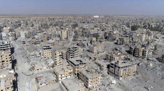 Drone footage of damaged buildings in Raqqa, Syria.