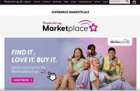 Superdrug Marketplace banner ad showing diverse group of young adults holding beauty products.