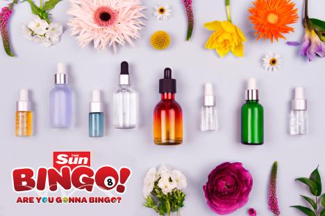 Illustration of various bottles of essential oils and flowers, with "The Sun Bingo!" logo.