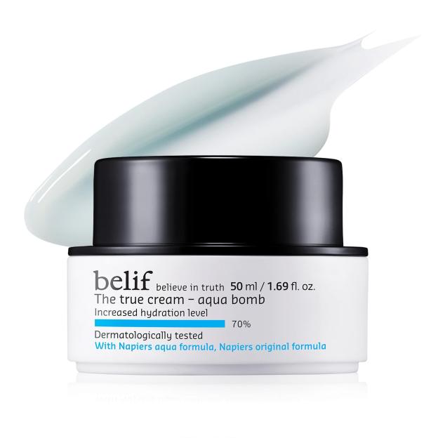 A white and black container of Belif The True Cream Aqua Bomb, with a light blue swatch of the cream above it.