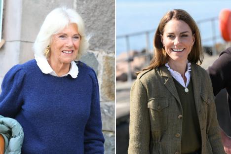 An image collage containing 2 images, Image 1 shows Queen Camilla at the Braemar Literary Festival, Image 2 shows Catherine, Princess of Wales in Fionnphort, Scotland