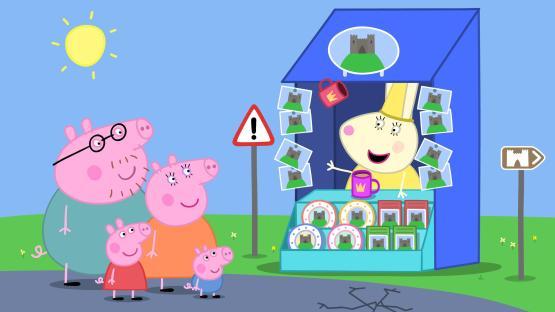 Illustration of the Peppa Pig family at a souvenir stand.