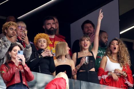 LAS VEGAS, NEVADA - FEBRUARY 11: Rapper Ice Spice, Singer Taylor Swift and Actress Blake Lively react prior to Super Bowl LVIII between the San Francisco 49ers and Kansas City Chiefs at Allegiant Stadium on February 11, 2024 in Las Vegas, Nevada. (Photo by Ezra Shaw/Getty Images)