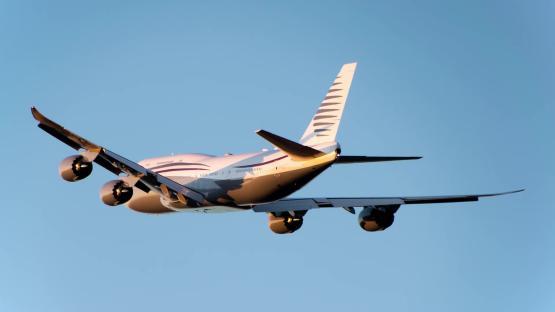 Boeing 747-8 jumbo jet in flight.