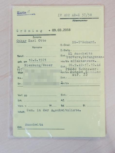 A registration card for convicted former camp guard Oskar Groning.