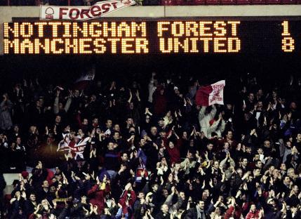 Scoreboard shows Manchester United's 8-1 win over Nottingham Forest.